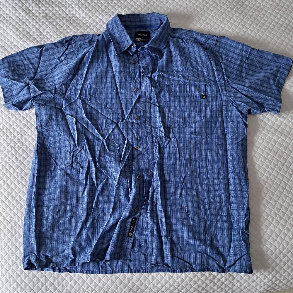 Marmot XL Button Up Shirt Blue Plaid Short Sleeve Casual Mens
